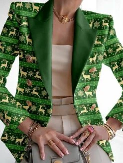 Women's Christmas Blazer Xmas Jacket SantaXmas Tree Print Fall Casual / Daily Outerwear Long Sleeve Wine Red Green -Xmas Cothing Store twcqpa1697195720611