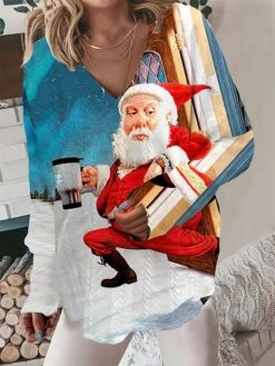 Women's Ugly Christmas Sweater Pullover Sweater Jumper V Neck Ribbed Knit Polyester Print Fall Winter Regular Outdoor Xmas Holiday Stylish Casual Soft Long Sleeve Santa Claus Print White Blue S