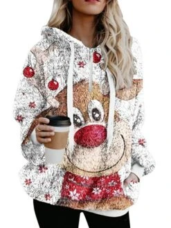 Women's Fleece Jacket Sherpa Jacket Teddy Coat Warm Breathable Christmas Street Daily Wear Vacation Zipper Pocket Print Pullover Hoodie Plush Casual Daily Comfortable Xmas Animal Regular Fit