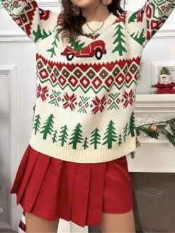 Women's Ugly Christmas Sweater Pullover Sweater Jumper Christmas Sweaters Crew Neck Ribbed Knit Acrylic Oversized Knitted Fall Winter Regular Outdoor Christmas Daily Stylish Casual Soft Long Sleeve -Xmas Cothing Store twkpxw1697290678581