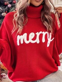 Women's Ugly Christmas Sweater Pullover Sweater Jumper Turtleneck Ribbed Knit Acrylic Oversized Batwing Sleeve Fall Winter Regular Xmas Daily Going Out Stylish Casual Soft Long Sleeve Letter Red