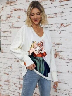 Women's Pullover Sweater Jumper V Neck Ribbed Knit Print Fall Winter Regular Christmas Xmas Stylish Soft Long Sleeve Animal White Green S M L -Xmas Cothing Store txrjbt1697106491670