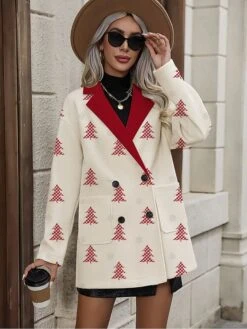 Women's Christmas Coat Xmas Tree Print Single Breasted Lapel Jacket Fall Party Wear Warm Windproof