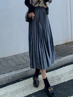 Women's Skirt A Line Swing Midi Gold Velvet Wine Red Black Pink Navy Blue Skirts Fall & Winter Pleated High Waist Fashion Elegant Christmas Xmas Street M L XL -Xmas Cothing Store ubibhr1694689581523