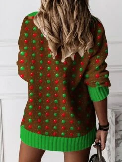 Women's Ugly Xmas Sweater Pullover Sweater Jumper Crochet Knit Regular Print Polka Dot V Neck Stylish Casual Christmas Drop Shoulder Fall Winter Green Khaki S M L -Xmas Cothing Store ucvgzm1695029612327