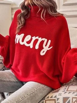 Women's Ugly Christmas Sweater Pullover Sweater Jumper Turtleneck Ribbed Knit Acrylic Oversized Batwing Sleeve Fall Winter Regular Xmas Daily Going Out Stylish Casual Soft Long Sleeve Letter Red -Xmas Cothing Store udeujg1695209499280