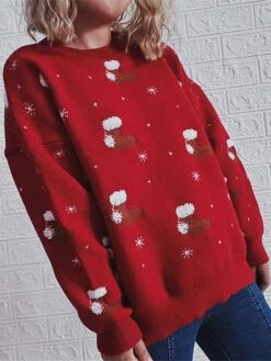 Women's Ugly Christmas Sweater Pullover Sweater Jumper Crew Neck Ribbed Knit Polyester Patchwork Fall Winter Regular Outdoor Christmas Daily Stylish Casual Soft Long Sleeve Color Block Snowflake Red -Xmas Cothing Store ueqlwa1696918493243