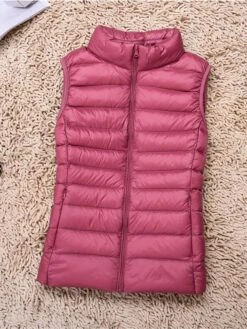 Women's Quilted Vest Sleeveless Puffer Jacket Christmas Windproof Warm Gilet Lightweight Parka ZipperStand Collar Outerwear Fall Light Pink Navy Black