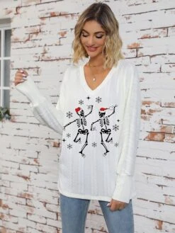 Women's Pullover Sweater Jumper V Neck Ribbed Knit Print Fall Winter Regular Christmas Xmas Stylish Soft Long Sleeve Plaid Skeleton White / Black White S M L -Xmas Cothing Store uguqma1697105810912