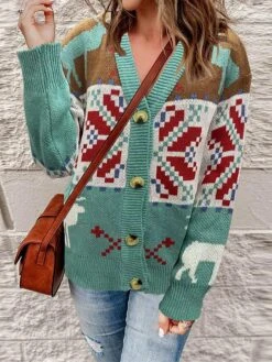Women's Ugly Christmas Sweater Cardigan Sweater Jacket V Neck Ribbed Knit Polyester Button Knitted Fall Winter Regular Outdoor Christmas Daily Stylish Casual Soft Long Sleeve Geometric Color Block Elk -Xmas Cothing Store uhknyp1697290858715
