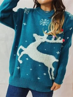 Women's Ugly Christmas Sweater Pullover Sweater Jumper Crew Neck Ribbed Knit Polyester Oversized Fall Winter Regular Outdoor Christmas Daily Stylish Casual Soft Long Sleeve Elk Snowflake Red Blue -Xmas Cothing Store uhrrgt1696903378775