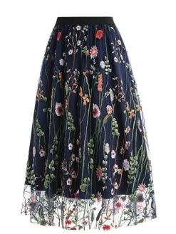 Women's Skirt Swing Midi Tulle Apricot Black White Red Skirts Fall & Winter Floral Embroidered High Waist Vintage Elegant Christmas Xmas Street M L XL -Xmas Cothing Store uhxdht1694271032757