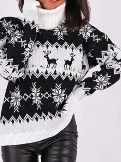 Women's Ugly Christmas Sweater Pullover Sweater Jumper Turtleneck Crochet Knit Polyester Knitted Fall Winter Xmas Holiday Stylish Casual Soft Long Sleeve Snowflake Argyle Black Red S M L -Xmas Cothing Store uigpyg1662099949217