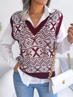 Women's Xmas Sweater Vest V Neck Ribbed Knit Acrylic Button Fall Winter Regular Outdoor Christmas Daily Stylish Casual Soft Sleeveless Snowflake Wine Blue Khaki S M L -Xmas Cothing Store uixxhd1695111137268