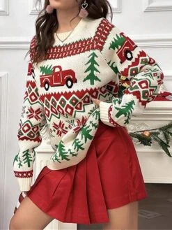 Women's Ugly Christmas Sweater Pullover Sweater Jumper Christmas Sweaters Crew Neck Ribbed Knit Acrylic Oversized Knitted Fall Winter Regular Outdoor Christmas Daily Stylish Casual Soft Long Sleeve -Xmas Cothing Store ujrosb1697290678128