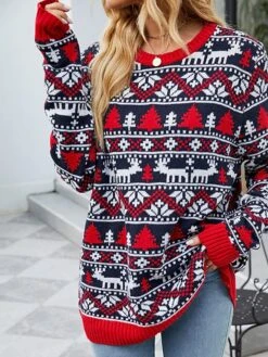 Women's Ugly Christmas Sweater Pullover Sweater Jumper Crew Neck Ribbed Knit Polyester Knitted Print Fall Winter Xmas Holiday Stylish Casual Soft Long Sleeve Christmas Tree Snowflake Argyle Red