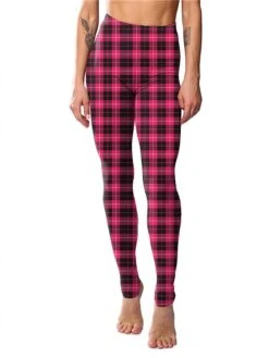 Women's Tartan Print Leggings Full Length Vacation Fashion Christmas Rhombus Pink And Black Navy Blue Stripes One-Size Fall Winter -Xmas Cothing Store umbrgm1696232156187