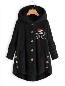 Women‘s Plus Size Christmas Fleece Jacket Teddy Coat Warm Button Pocket Cat Hat Outdoor Xmas Long Sleeve Hooded Regular Winter Fall Black Pink Wine L XL XXL 3XL 4XL -Xmas Cothing Store umjzsb1667468198167