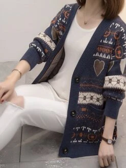 Women's Ugly Christmas Sweater Cardigan Christmas Sweaters V Neck Ribbed Knit Polyester Button Knitted Print Fall Winter Regular Outdoor Christmas Daily Stylish Casual Soft Long Sleeve Heart Letter -Xmas Cothing Store umnzlt1697290836143