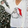Women's Pullover Sweater Jumper Crew Neck Ribbed Knit Print Fall Winter Regular Christmas Stylish Soft Long Sleeve Santa Claus White Red S M L