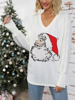 Women's Pullover Sweater Jumper Crew Neck Ribbed Knit Print Fall Winter Regular Christmas Stylish Soft Long Sleeve Santa Claus White Red S M L