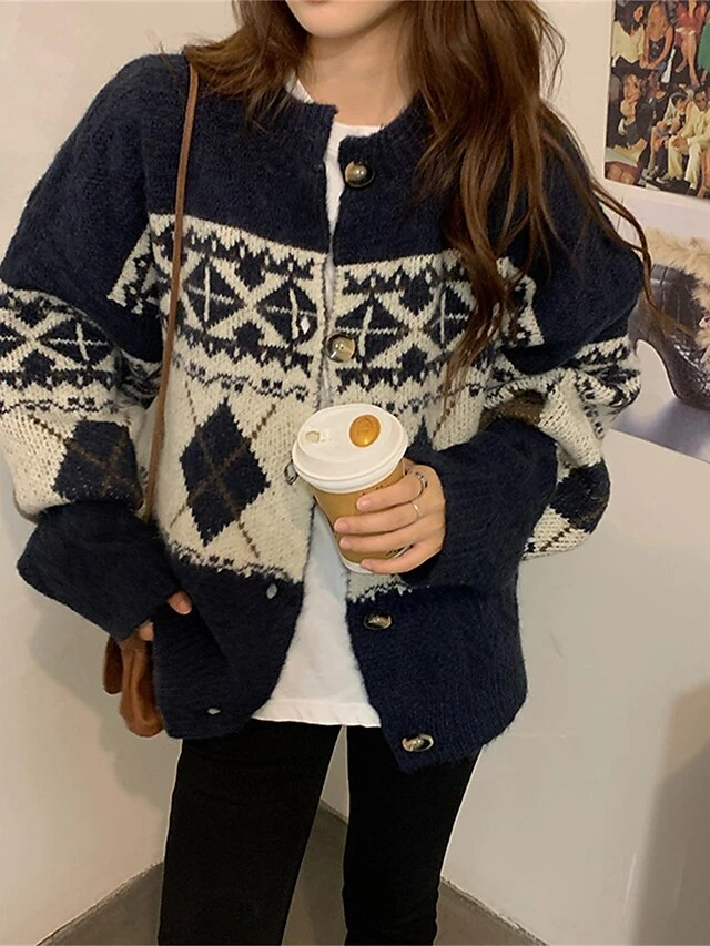 Women's Ugly Christmas Sweater Cardigan Sweater Jacket Crew Neck Cable Knit Polyester Button Knitted Print Fall Winter Regular Outdoor Christmas Daily Stylish Casual Soft Long Sleeve Print Navy Blue 22 Women's Ugly Christmas Sweater Cardigan Sweater Jacket Crew Neck Cable Knit Polyester Button Knitted Print Fall Winter Regular Outdoor Christmas Daily Stylish Casual Soft Long Sleeve Print Navy Blue - Image 20