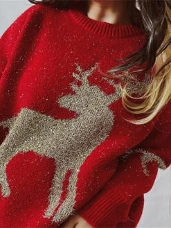 Women's Ugly Christmas Sweater Pullover Sweater Jumper Crew Neck Ribbed Knit Acrylic Oversized Fall Winter Regular Outdoor Xmas Daily Stylish Casual Soft Long Sleeve Elk Red Beige S M L -Xmas Cothing Store uovhtl1696823466779