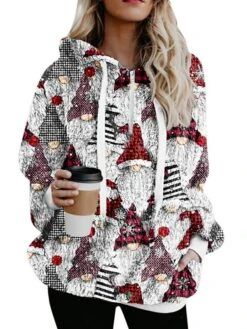 Women's Fleece Jacket Sherpa Jacket Teddy Coat Warm Breathable Christmas Street Daily Wear Vacation Zipper Pocket Print Pullover Hoodie Plush Casual Daily Comfortable Xmas Santa Claus Regular Fit