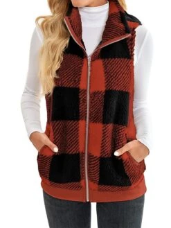 Women's Teddy Vest Fleece Plaid Sleeveless Sherpa Coat Fall Winter Thermal Warm Christmas Outerwear With Pockets Stylish Contemporary Modern Style Jacket Sleeveless -Xmas Cothing Store upljls1692264938504