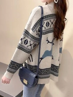 Women's Ugly Christmas Sweater Cardigan Sweater Jacket V Neck Ribbed Knit Polyester Button Pocket Knitted Fall Winter Regular Outdoor Christmas Daily Stylish Ethnic Style Casual Long Sleeve Geometric -Xmas Cothing Store upyoyg1697291427913