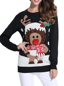 Women's Ugly Christmas Sweater Pullover Sweater Jumper Crew Neck Ribbed Knit Acrylic Knitted Fall Winter Outdoor Xmas Daily Stylish Casual Soft Long Sleeve Animal Elk Black S M L