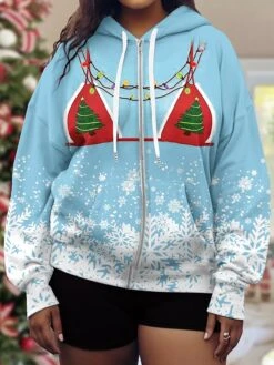 Women's Plus Size Ugly Christmas Hooded Jacket Christmas Tree Print Party Xmas Drawstring Sport Coat Fashion Loose Fit Outerwear Long Sleeve Fall Light Pink S -Xmas Cothing Store uqgvoo1697180406310