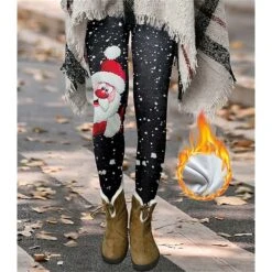 Women's Fleece Pants Xmas Tights Leggings Thermal Underwear Fleece Lined Dark Gray Khaki Red Vacation Casual Christmas Snowman Weekend Winter Print Stretchy Ankle-Length Thermal Warm Santa Claus
