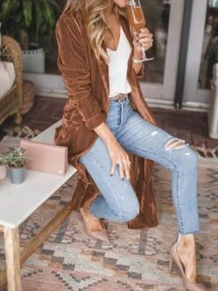 Women's Velvet Blazer Long Trench Coat Christmas Party Xmas Outfit Open Front Windproof Warm Winter Coat Fall Stylish Modern Casual Jacket Long Sleeve Plain Oversize Black Yellow Red -Xmas Cothing Store urgjyt1695715046478