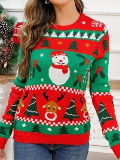 Women's Ugly Christmas Sweater Pullover Sweater Jumper Crew Neck Ribbed Knit Acrylic Patchwork Fall Winter Regular Xmas Daily Going Out Stylish Casual Soft Long Sleeve Snowman Christmas Tree Red