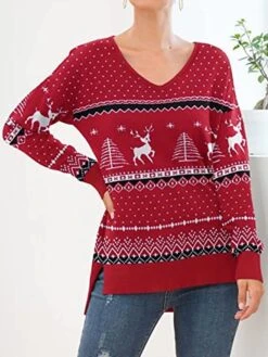 Women's Ugly Christmas Sweater Pullover Sweater Jumper Christmas Sweaters V Neck Ribbed Knit Polyester Split Knitted Asymmetric Hem Fall Winter Regular Outdoor Christmas Daily Stylish Casual Soft -Xmas Cothing Store urmfyw1697290881215