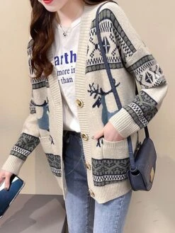 Women's Ugly Christmas Sweater Cardigan Sweater Jacket V Neck Ribbed Knit Polyester Button Pocket Knitted Fall Winter Regular Outdoor Christmas Daily Stylish Ethnic Style Casual Long Sleeve Geometric -Xmas Cothing Store usgmfd1697291427553