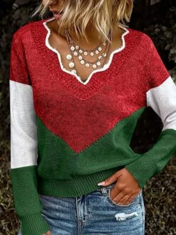 Women's Pullover Sweater Jumper V Neck Crochet Knit Cotton Blend Oversized Fall Winter Regular Christmas Daily Vintage Style Long Sleeve Color Block Red Green S M L