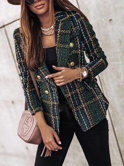 Women's Christmas Blazer Xmas Tweed Blazer Jacket Plaid Print Office Formal Casual Winter Coat Double Breasted Lapel Jacket Warm Fashion Outerwear Long Sleeve Fall Wine S -Xmas Cothing Store utodcm1695693124290