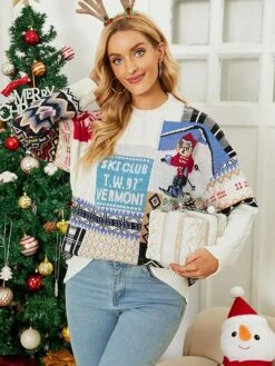 Women's Pullover Sweater Jumper Crew Neck Chunky Knit Acrylic Polyester Print Spring Fall Winter Tunic Christmas Daily New Year Xmas Stylish Casual Long Sleeve Color Block Snowflake Red Beige S M L -Xmas Cothing Store utvtwr1693896441009