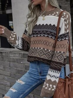 Women's Ugly Christmas Sweater Pullover Sweater Jumper Crew Neck Ribbed Knit Woolen Patchwork Fall Winter Regular Outdoor Christmas Daily Stylish Ethnic Style Casual Long Sleeve Geometric Striped Red -Xmas Cothing Store utxjve1696992138503