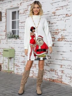 Women's Ugly Christmas Sweater Sweater Dress Christmas Sweaters Stand Collar Ribbed Knit Polyester Knitted Print Fall Winter Long Outdoor Christmas Holiday Daily Stylish Casual Long Sleeve Santa Claus -Xmas Cothing Store uudkcd1697697965440