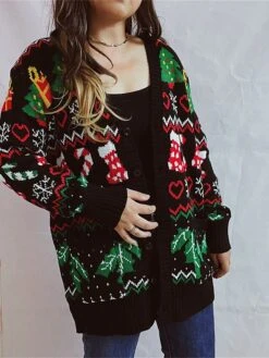 Women's Ugly Christmas Sweater Cardigan Sweater V Neck Ribbed Knit Polyester Button Fall Winter Regular Outdoor Xmas Daily Stylish Casual Soft Long Sleeve Heart Snowflake Black S M L -Xmas Cothing Store uukohp1696823463570