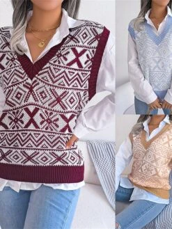 Women's Xmas Sweater Vest V Neck Ribbed Knit Acrylic Button Fall Winter Regular Outdoor Christmas Daily Stylish Casual Soft Sleeveless Snowflake Wine Blue Khaki S M L -Xmas Cothing Store uvgpho1695111158679