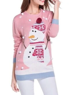 Women's Ugly Christmas Sweater Pullover Sweater Jumper Crew Neck Ribbed Knit Acrylic Knitted Fall Winter Outdoor Xmas Daily Stylish Casual Soft Long Sleeve Snowman Snowflake Pink S M L -Xmas Cothing Store uvkhfg1667811443500