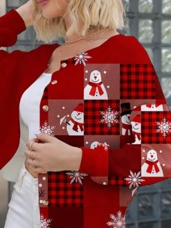 Women's Ugly Christmas Sweater Cardigan Sweater Jacket Crew Neck Ribbed Knit Polyester Button Knitted Print Fall Winter Short Outdoor Christmas Holiday Daily Stylish Casual Long Sleeve Plaid Snowman -Xmas Cothing Store uvtlis1697290704167