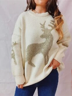 Women's Ugly Christmas Sweater Pullover Sweater Jumper Crew Neck Ribbed Knit Acrylic Oversized Fall Winter Regular Outdoor Xmas Daily Stylish Casual Soft Long Sleeve Elk Red Beige S M L -Xmas Cothing Store uvviob1696823469559