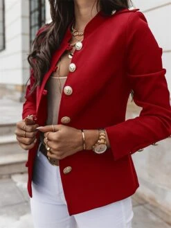 Women's Blazer Xmas Office Christmas Work Spring Fall Regular Coat Stand Collar Regular Fit Windproof Breathable Stylish Contemporary Modern Style Jacket Long Sleeve Plain Slim Fit Black Red Dark Navy