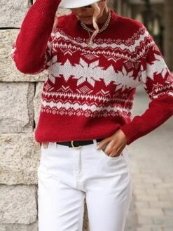 Women's Christmas Sweater Xmas Pullover Jumper Knitted Geometric Snowflake Stylish Casual Long Sleeve Sweater Cardigans Crew Neck Fall Winter Wine -Xmas Cothing Store uwuimw1636714040738