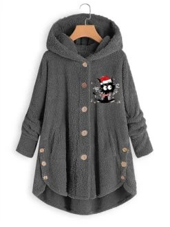 Women‘s Plus Size Christmas Fleece Jacket Teddy Coat Warm Button Pocket Cat Hat Outdoor Xmas Long Sleeve Hooded Regular Winter Fall Black Pink Wine L XL XXL 3XL 4XL -Xmas Cothing Store uxbauv1667468199154